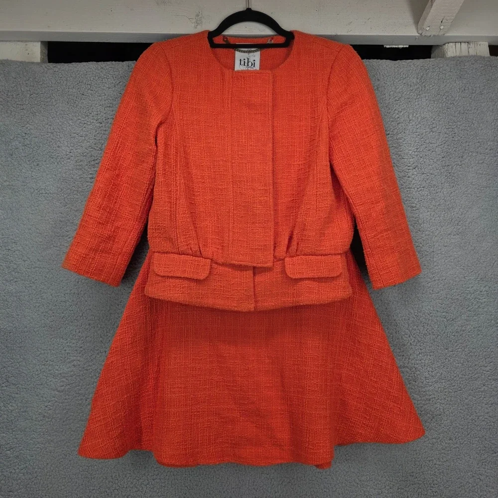Tibi New York Orange Boucle Tweed Skirt Suit Set Jacket‎ and A-Line Skirt Size 2